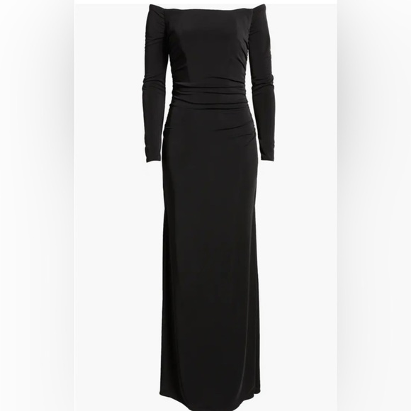 LA FEMME Long Sleeve Off The Shoulder Jersey Evening Gown - Picture 3 of 6